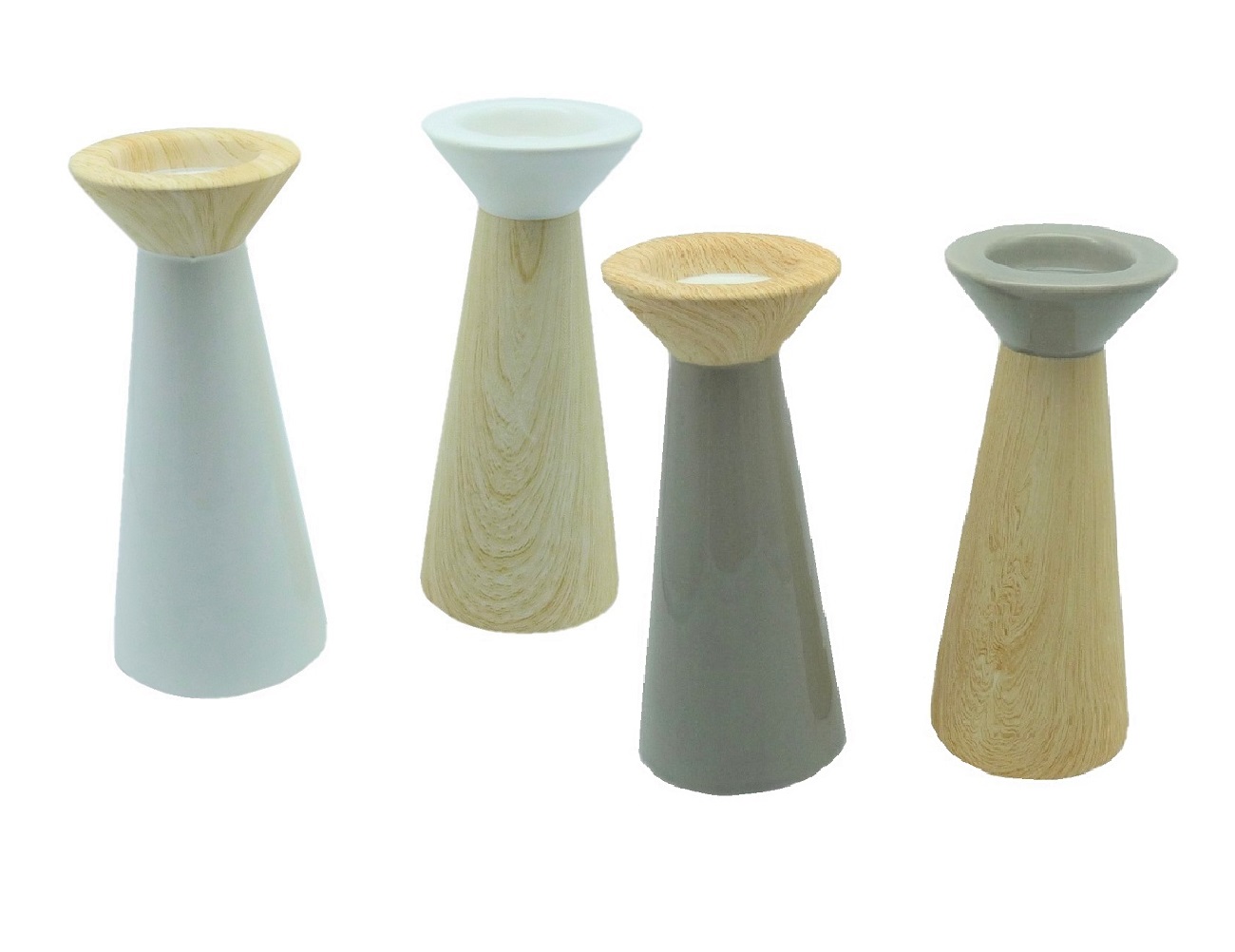 4 Kerzenhalter 18 cm hoch Holzoptik Grau Creme Kerzenständer für